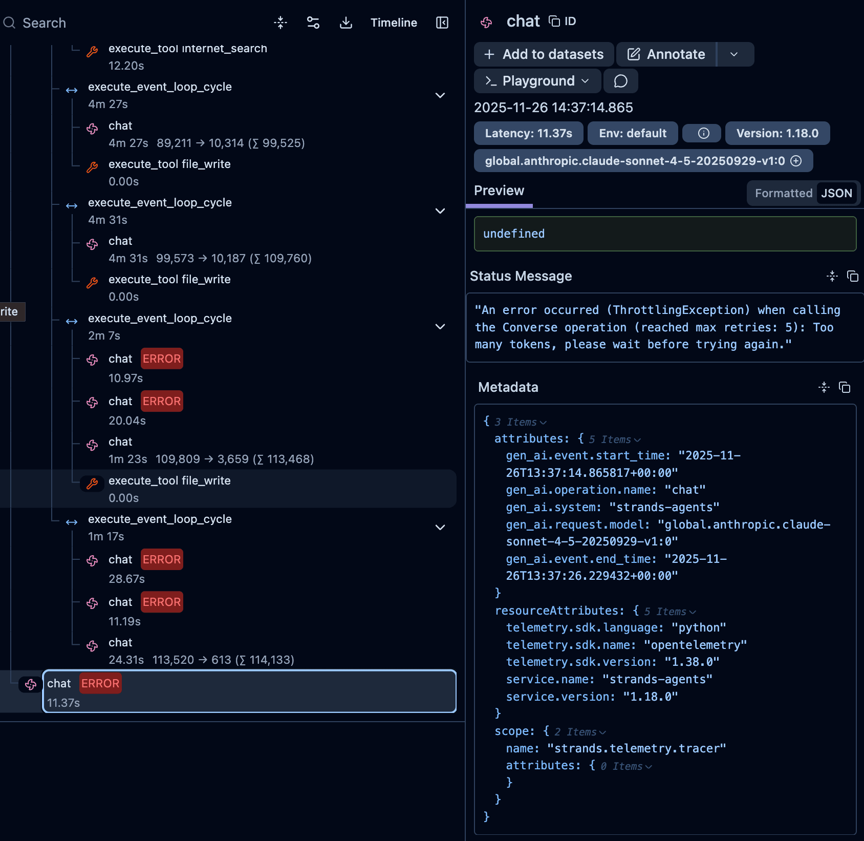 LangFuse LLM Interaction with Error